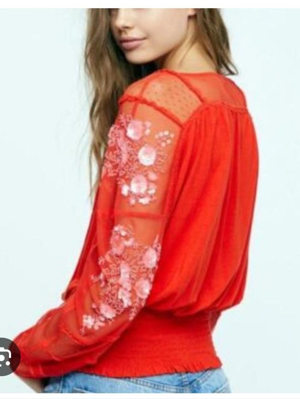 FREE PEOPLE I NWT M Sequined Semi-Sheer Blouse I red orange